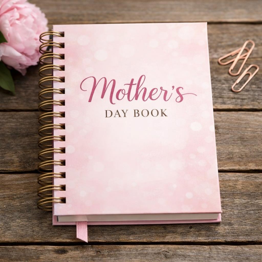 Mother's Day book with pink roses, daisies, and gold spiral binding on wooden surface