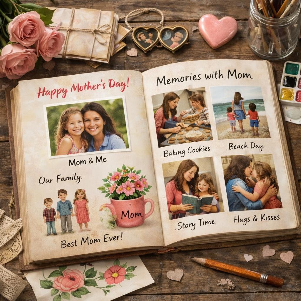 Open scrapbook with Mother's Day theme featuring photos and drawings of mom and child sharing special moments