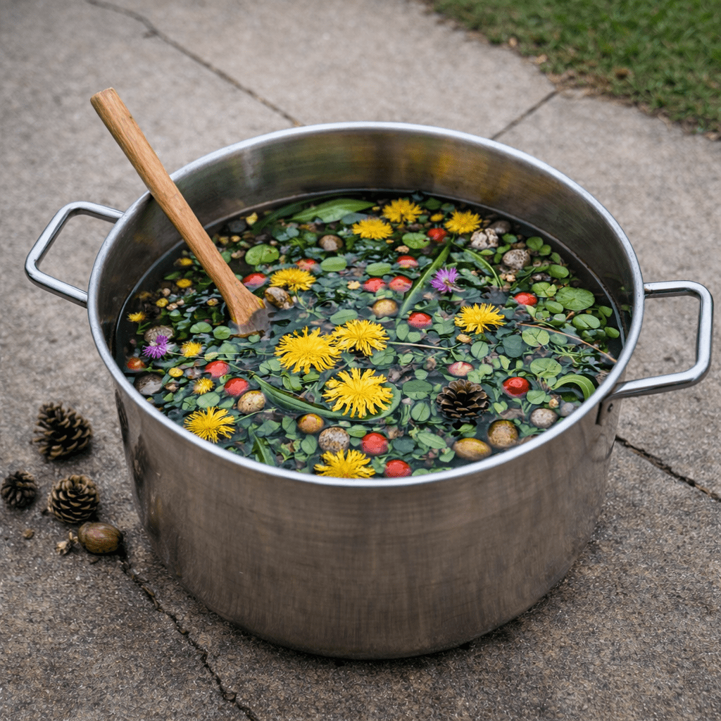Large metal pot with water containing leaves, flowers, cucumber slices, pinecones, and berries with a wooden spoon inside and a bottle labeled 'Magic Water' nearby
